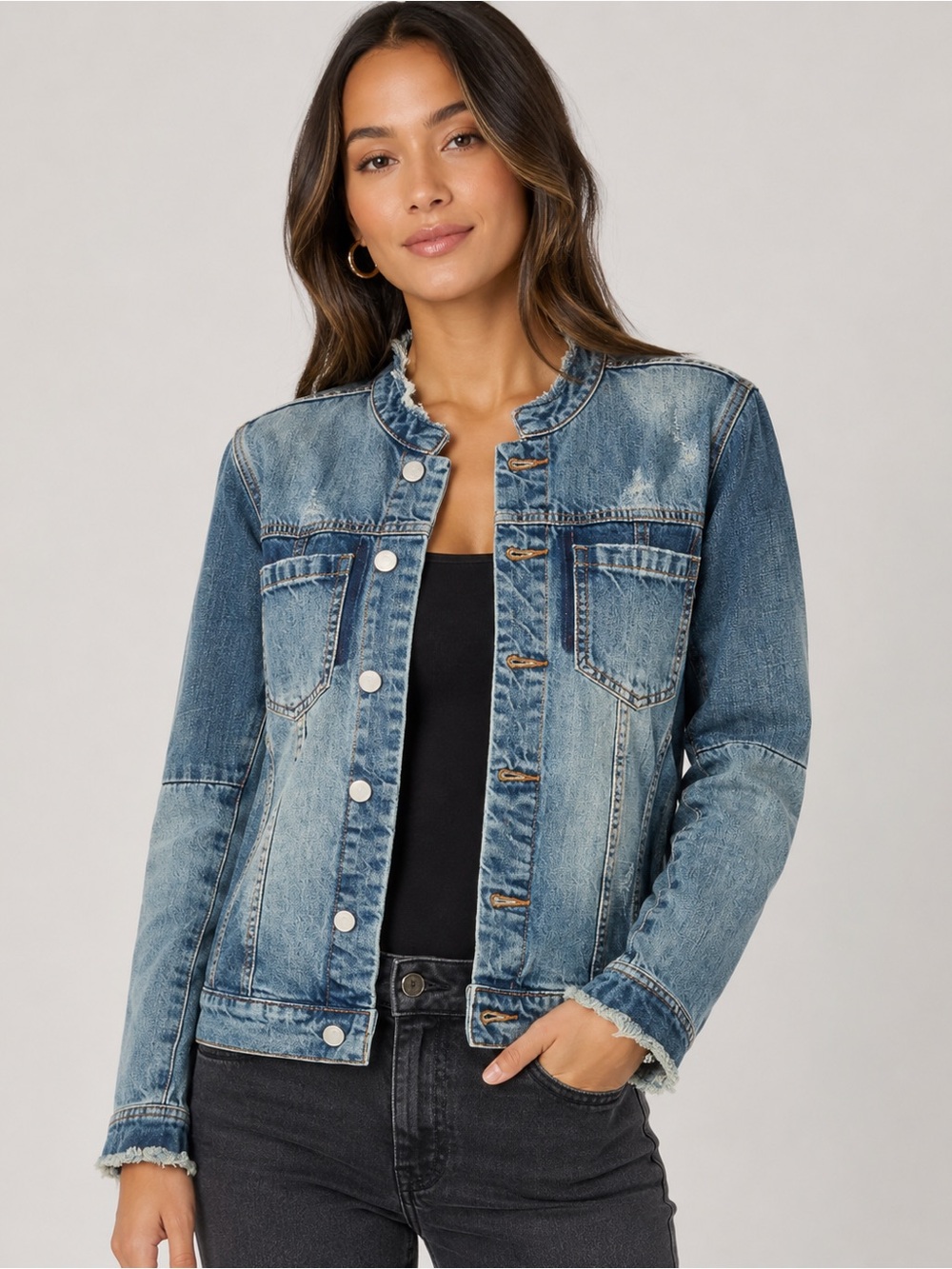 BLANKNYC Moon River Collarless Denim Jacket XS Distressed Frayed Jean Jacket